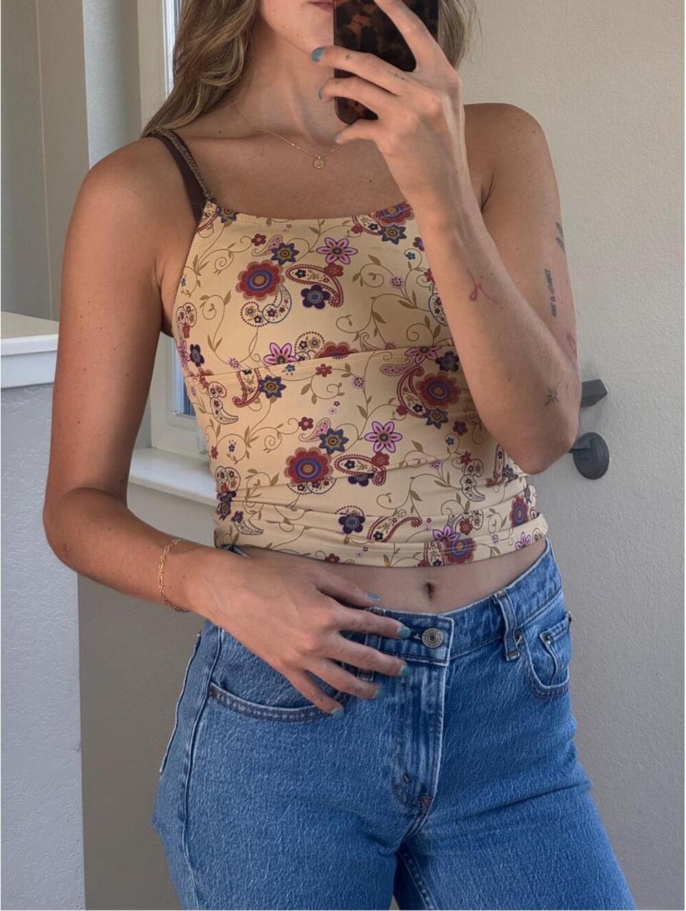 Brown and cream floral and paisley print tank top #floral #paisley